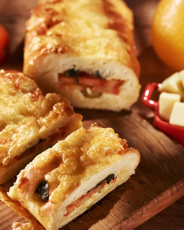 Pão recheado sabor marguerita com queijo gratinado por cima, recheio de tomate e manjericão, fatiado sobre madeira